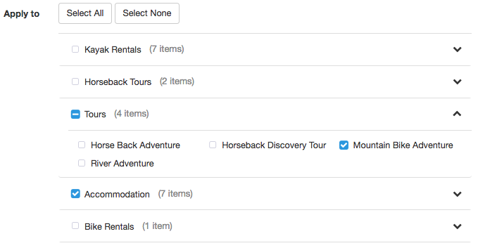 Apply to section with checkboxes to select categories such as kayak rentals, horseback tours, tours, accommodation, and bike rentals.