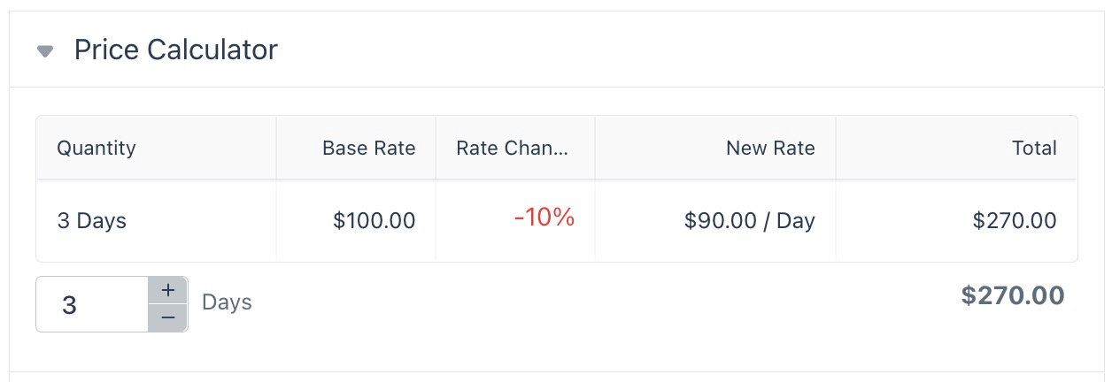 Price calculator showing three days quantity with a ten percent discount applied for a new rate of 90 dollars per day and total of 270 dollars.