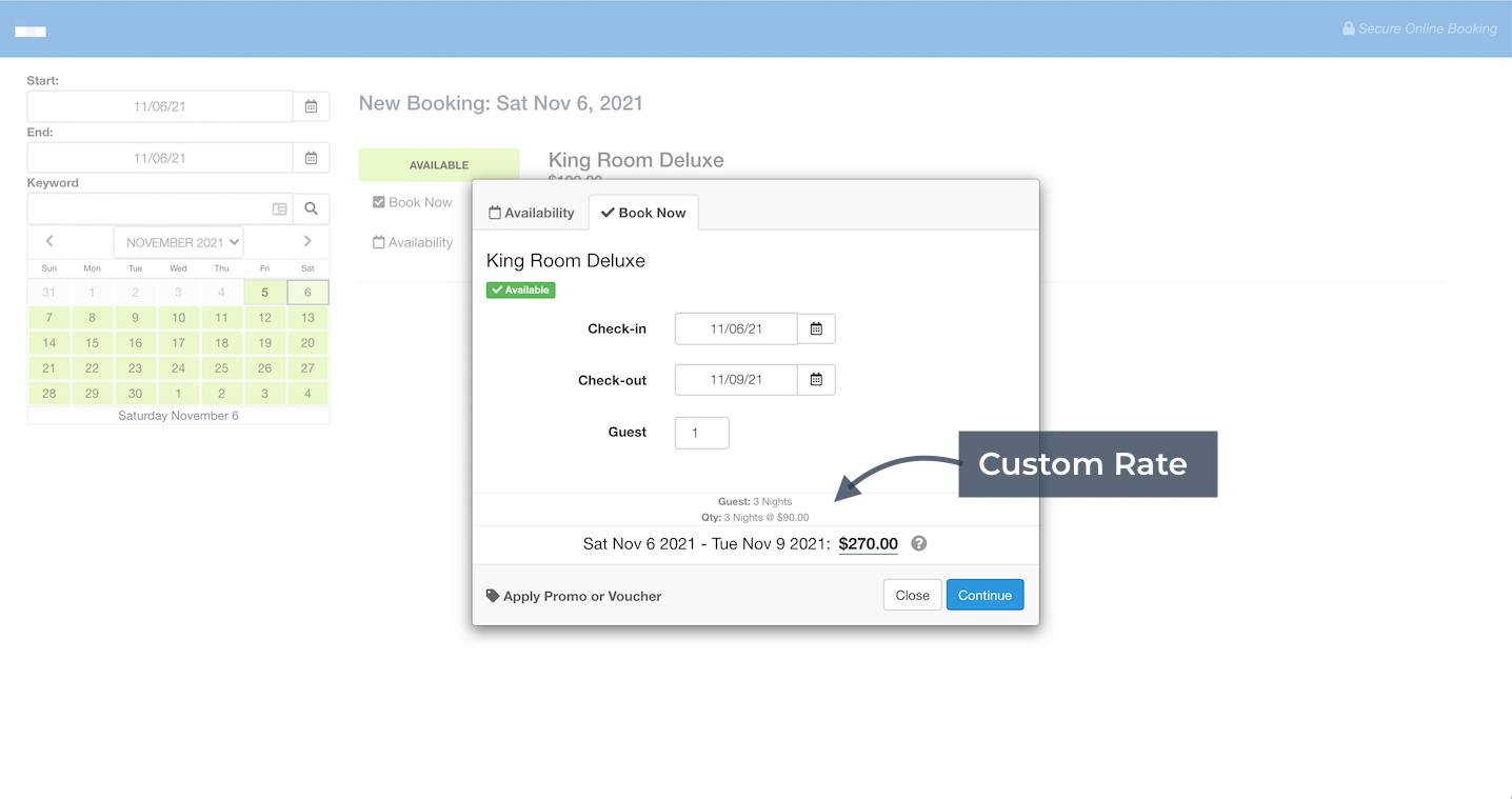 Booking page showing King Room Deluxe custom rate calculation with total price for a three-night stay.