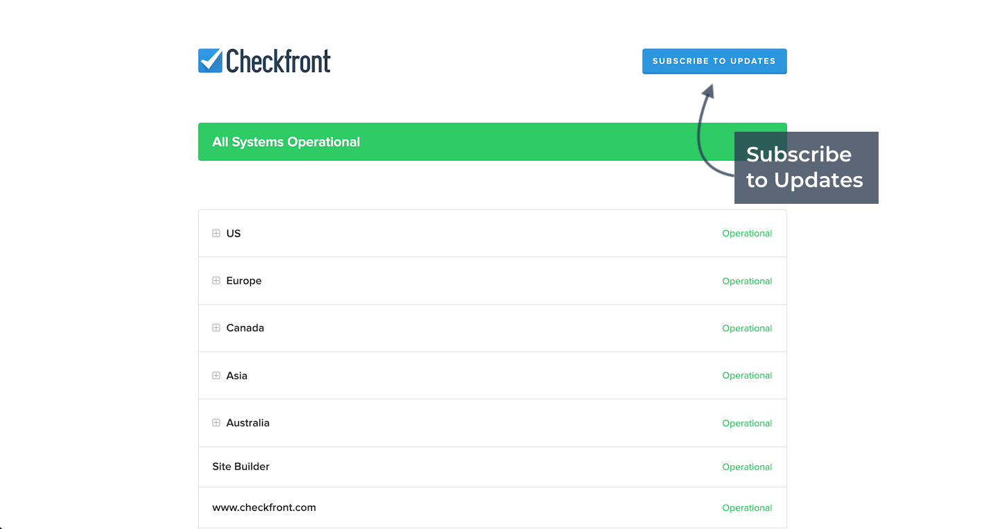 Checkfront system status page highlighting the Subscribe to Updates button for notifications.