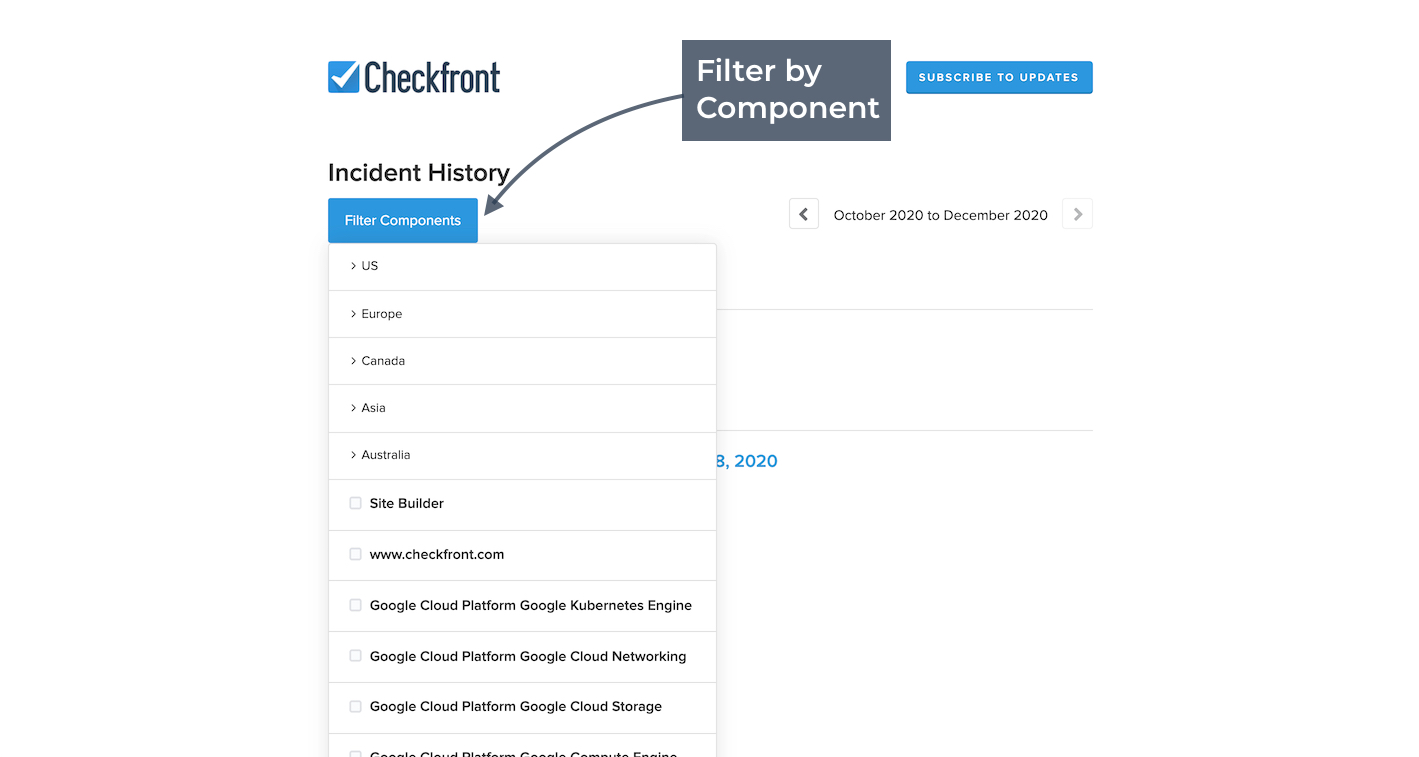 Checkfront incident history page highlighting the Filter by Component dropdown menu.