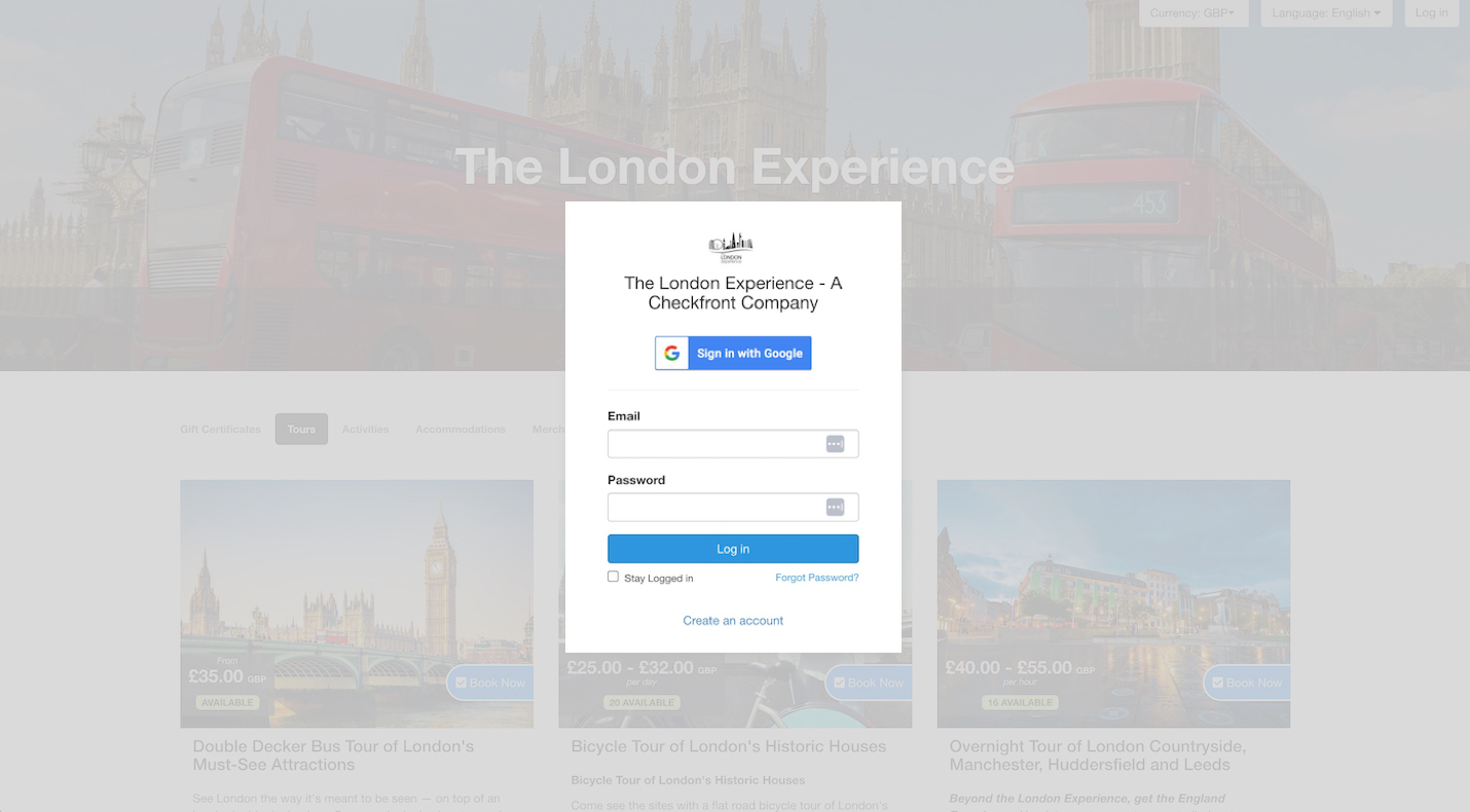 Login page for The London Experience with options to sign in using Google, email, or password.
