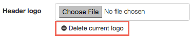 Header logo section with a delete current logo button displayed beneath the file upload option.