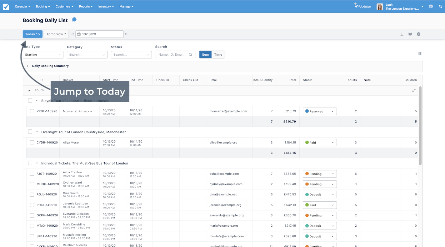 Booking Daily List Jump to Today