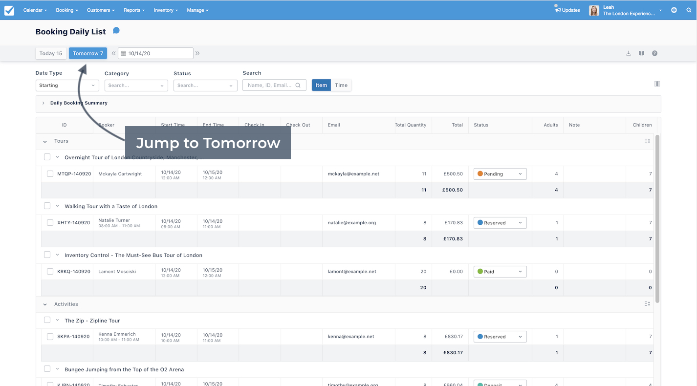Booking Daily List Jump to Tomorrow