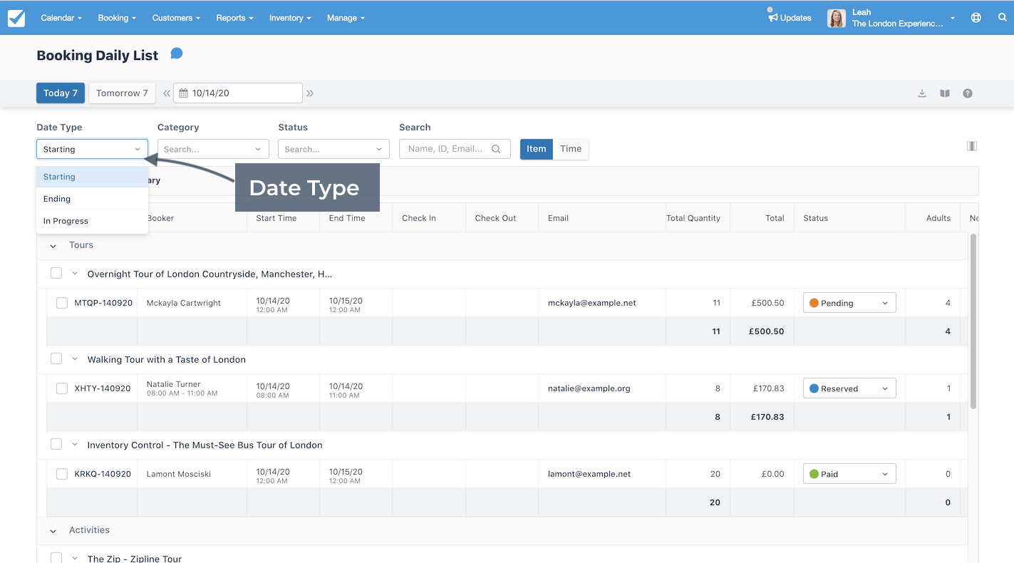 Booking Daily List Filter by Date Type