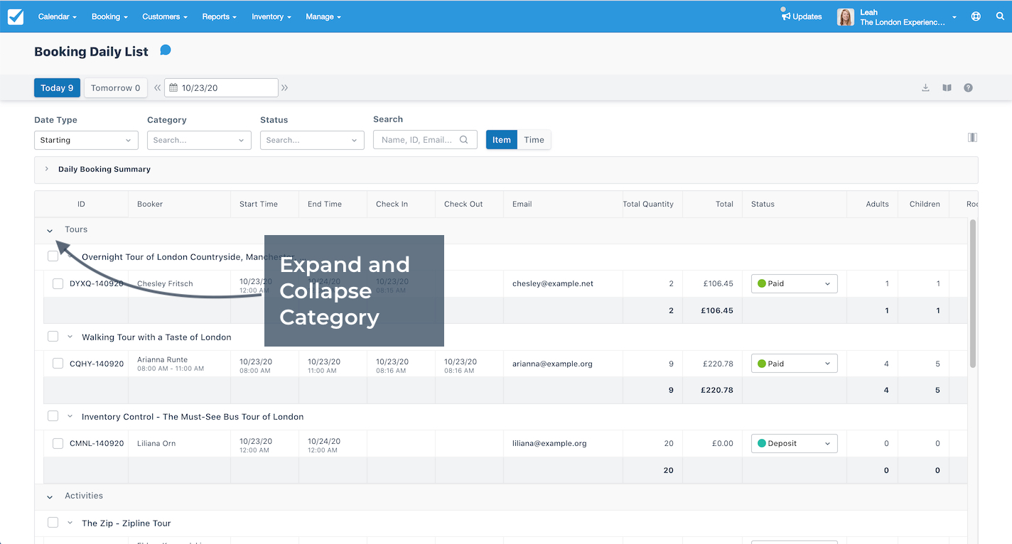 Booking Daily List Expand Category