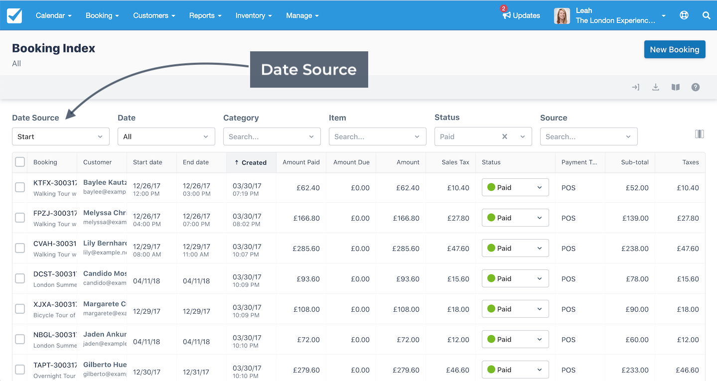Booking Index screen highlighting the Date Source dropdown used to select the starting date filter for bookings.