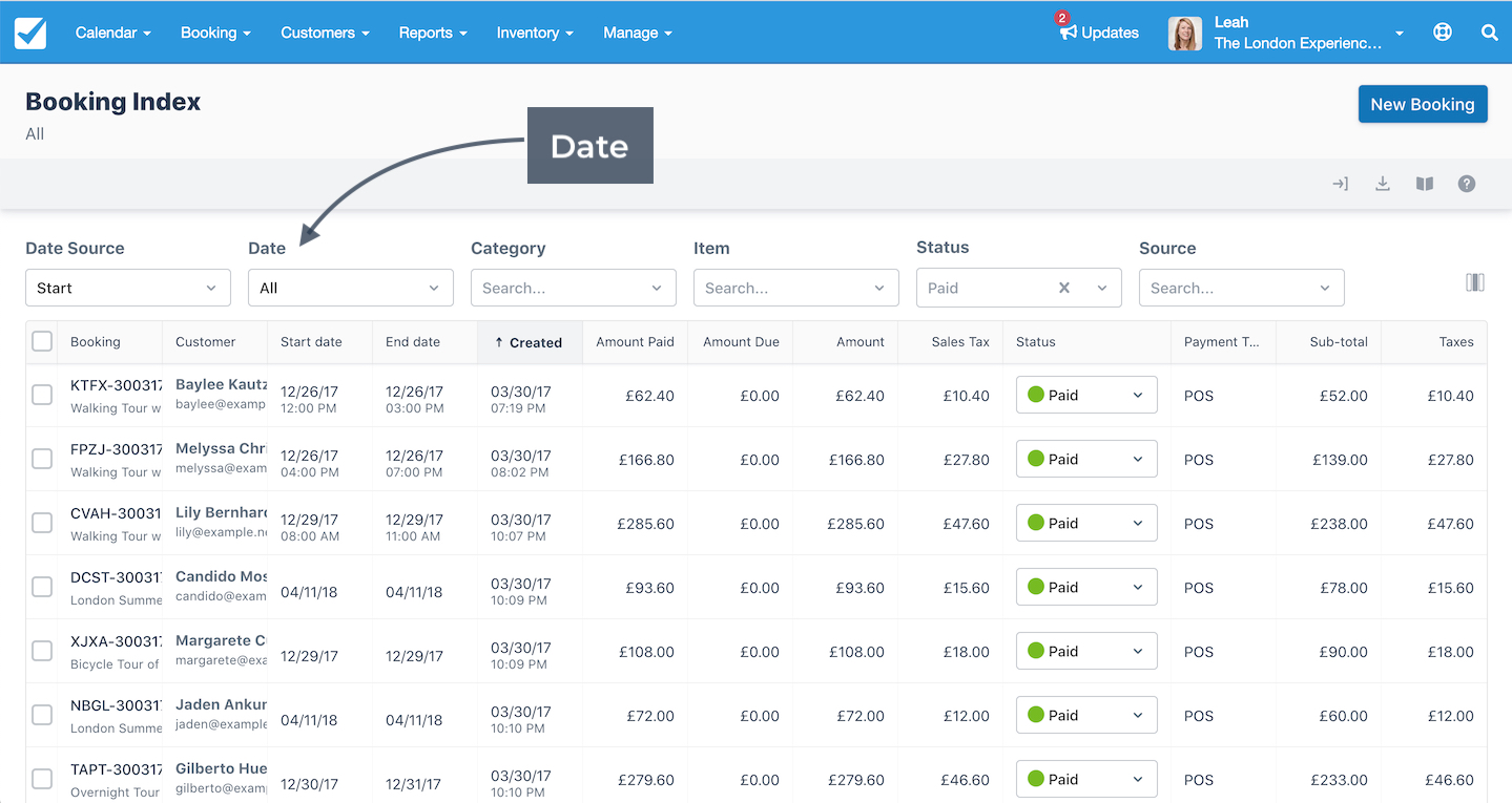 Booking Index interface with an arrow pointing to the Date field used to filter bookings by date range.