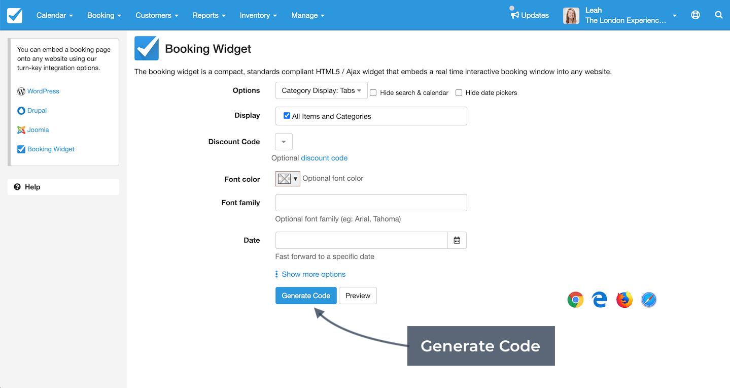 Booking widget setup page with customization options and an arrow pointing to the generate code button.