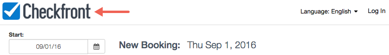 Booking page header area showing the Checkfront logo displayed after upload with an arrow pointing to its placement.