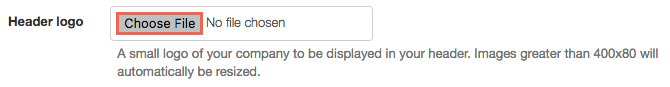 Header logo upload field with a choose file button and message indicating that images larger than 400x80 will be resized.