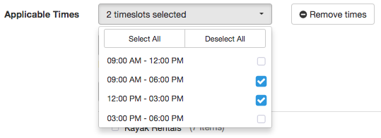Applicable times section with two selected timeslots displayed in a dropdown, including 09:00 AM to 06:00 PM and 12:00 PM to 03:00 PM.
