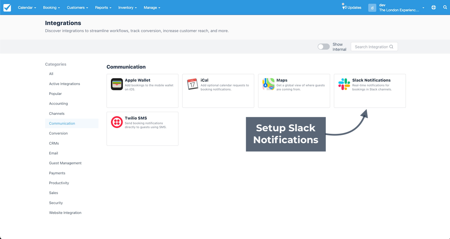 Integrations page in Checkfront with the Communication category selected and the Slack Notifications integration highlighted.