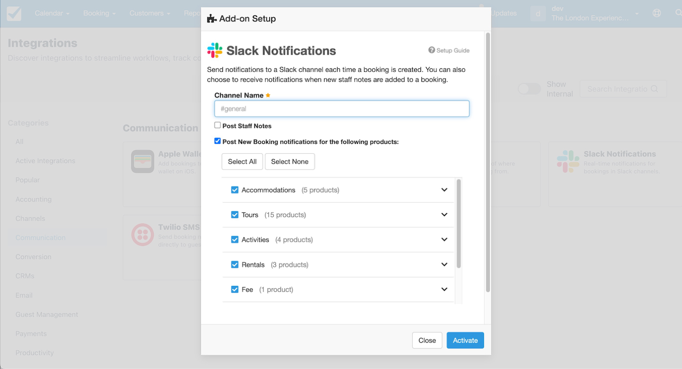Slack Notifications add-on setup window with options to choose a Slack channel, enable staff notes, and select booking products for notifications.