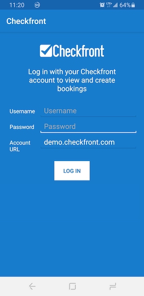 Mobile login screen for the Checkfront app showing fields for username, password, and account URL with a log in button.