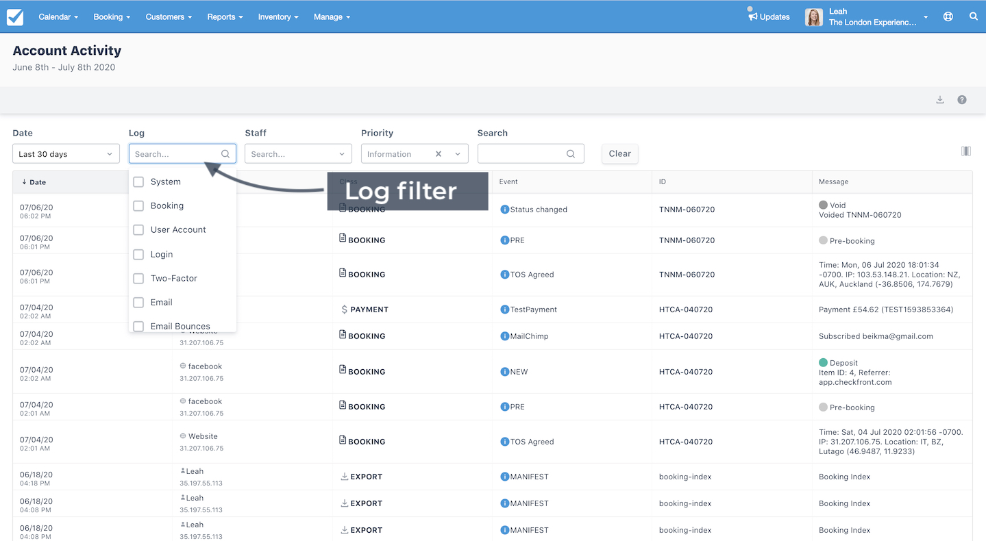 Account Activity page showing the log filter dropdown for selecting system, booking, user account, and other log types.
