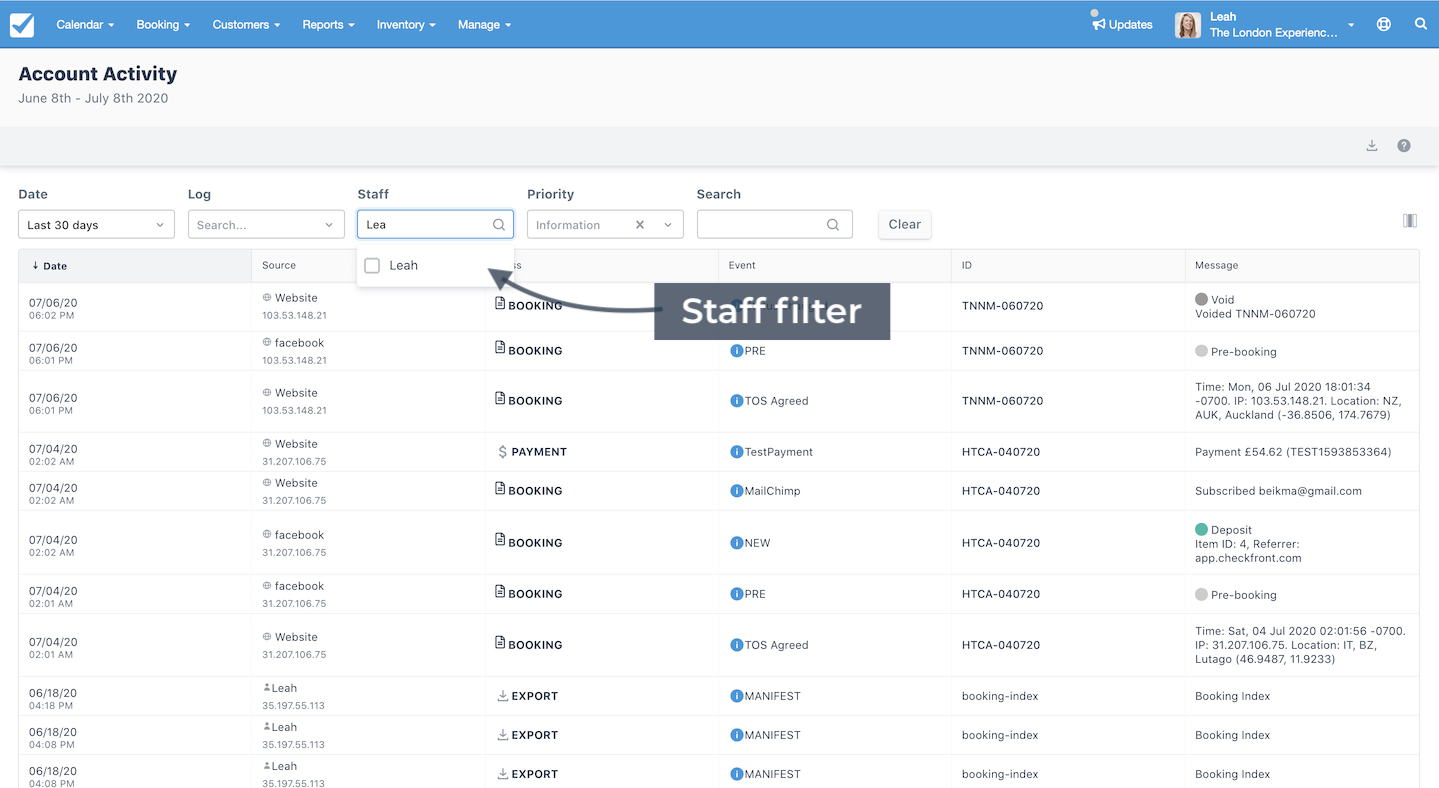 Account Activity page highlighting the staff filter used to narrow logs by specific team members.
