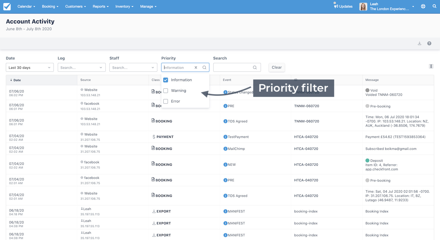 Account Activity view demonstrating the priority filter options for information, warning, or error events.