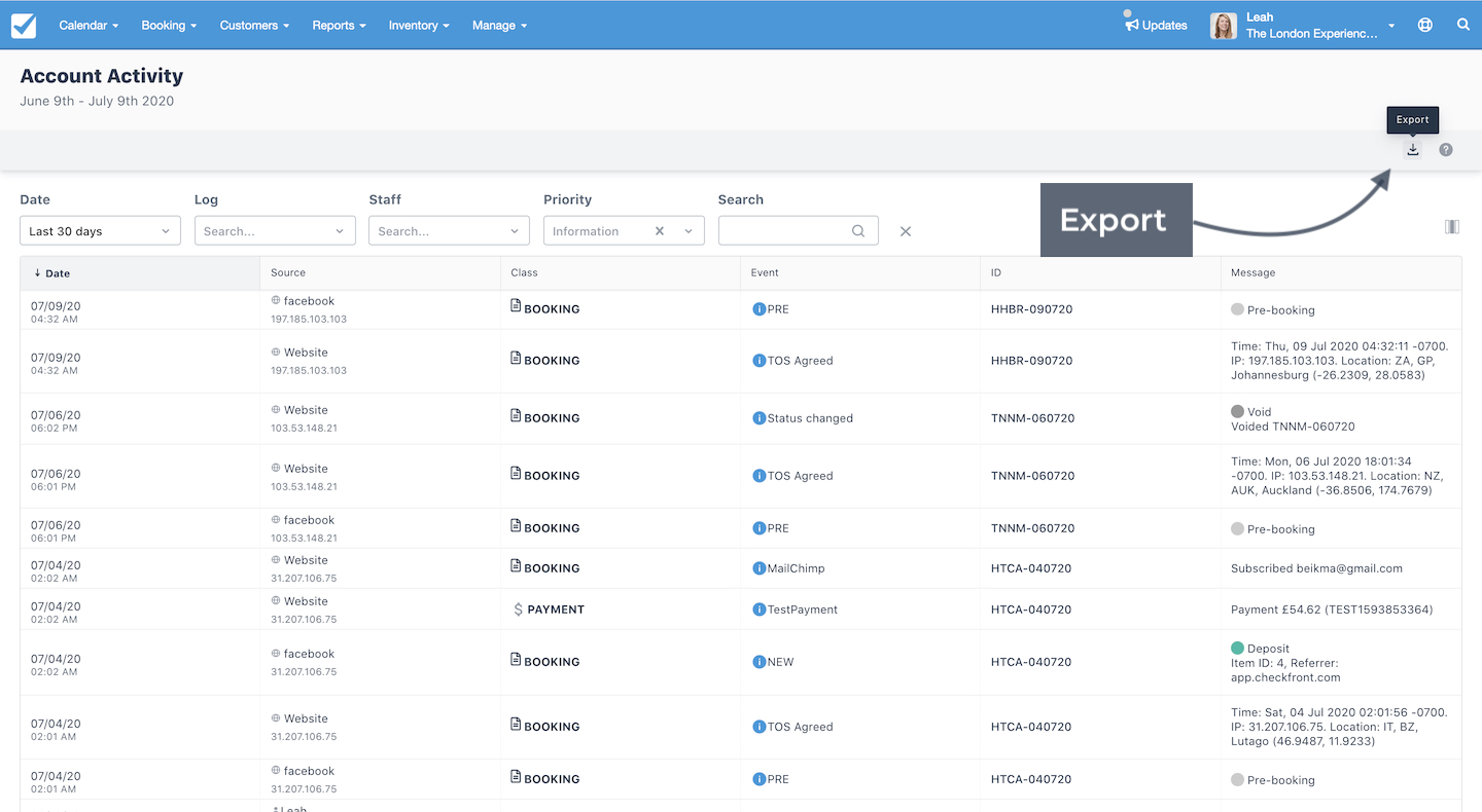 Account Activity dashboard showing the export option for downloading log data.