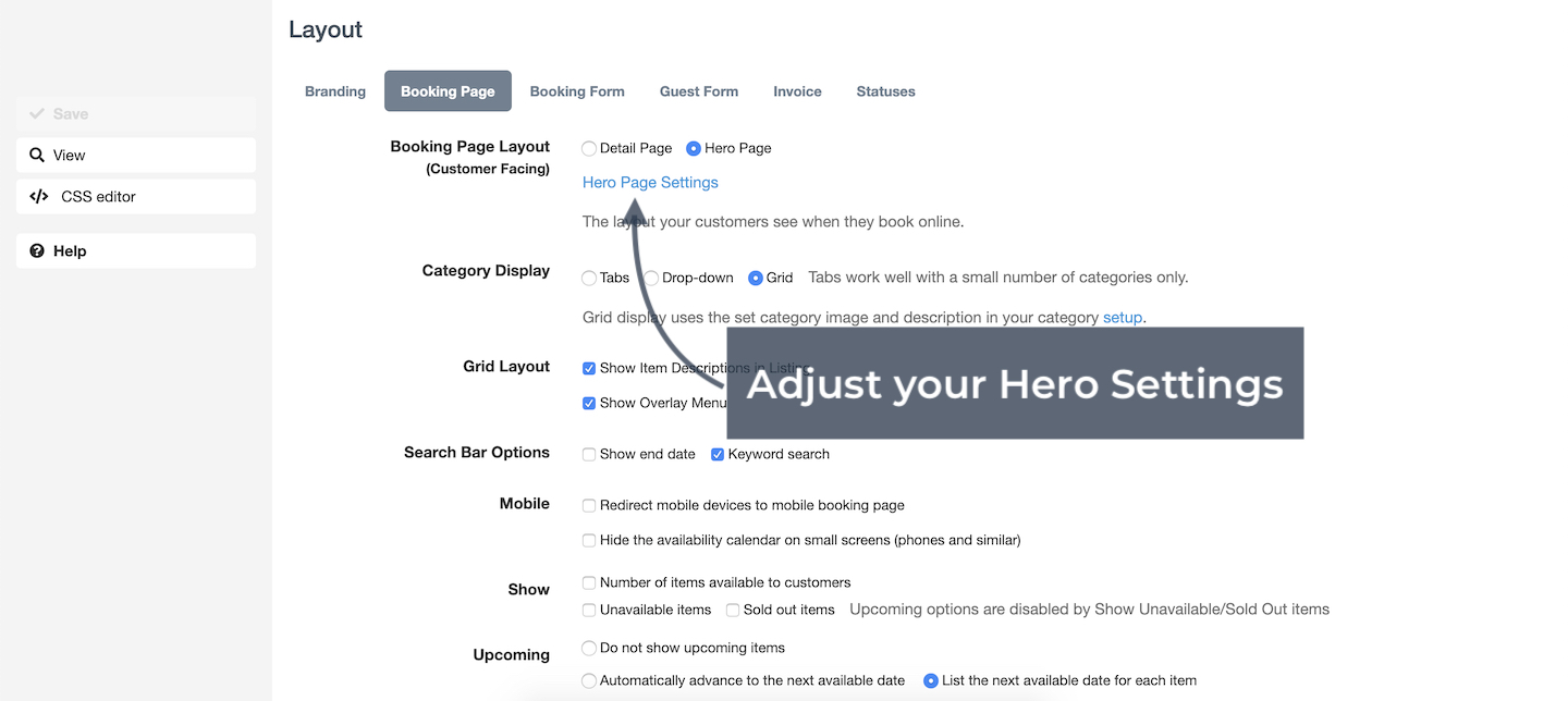 Booking page settings highlighting the hero page option with an arrow pointing to hero page settings for adjusting layout.