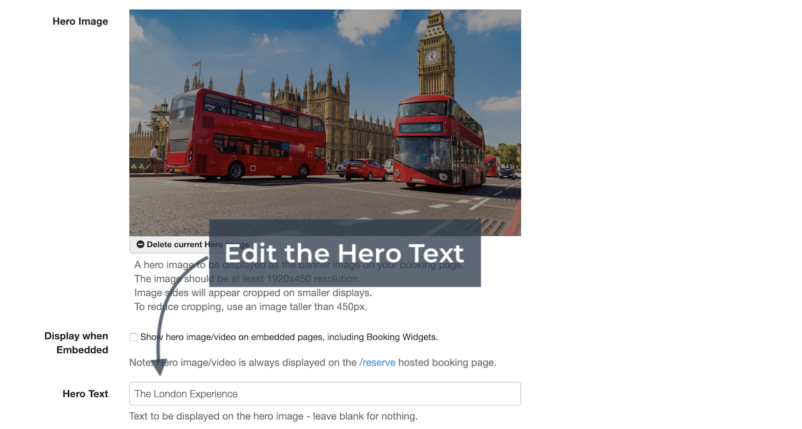 Hero page settings screen highlighting the hero text field with an arrow pointing to where custom text can be added to the hero image.