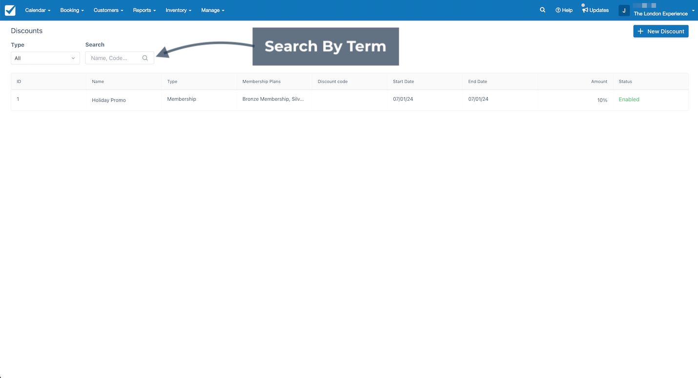 Discounts page with search bar highlighted to search for discounts by name or code.