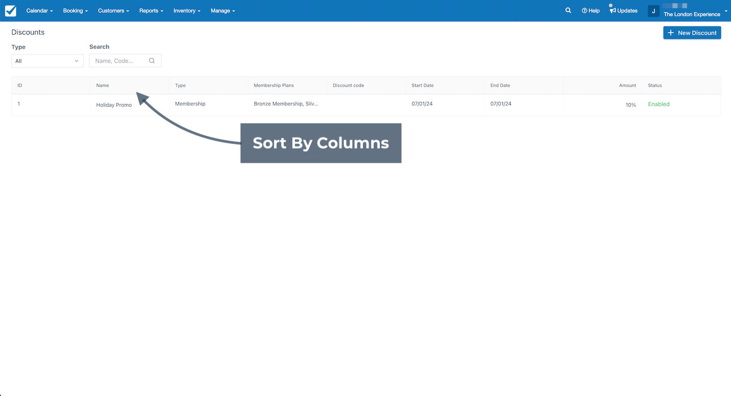Discounts page with column headers highlighted showing ability to sort discounts by ID, name, type, membership plans, discount code, start date, end date, amount, or status.
