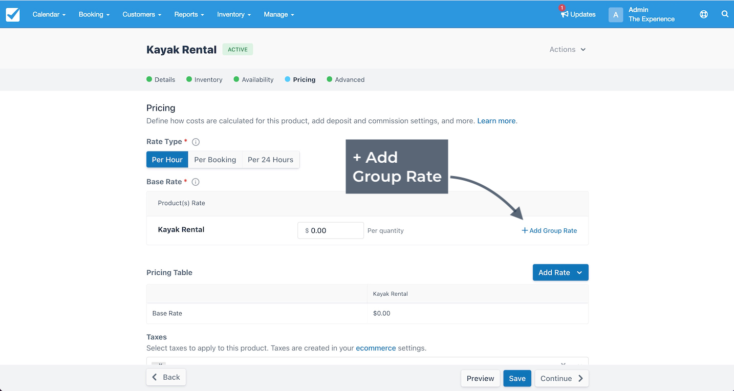 Pricing setup screen for kayak rental showing option to add group rate with base rate set to zero.