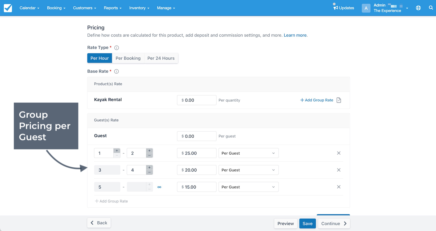 Group pricing per guest setup screen for kayak rental showing tiered rates decreasing per guest as group size increases.