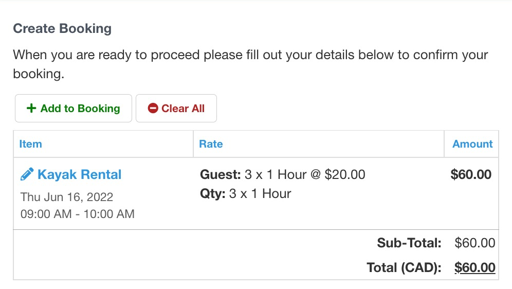 Booking confirmation page for kayak rental showing 3 guests for 1 hour at 20 dollars each totaling 60 dollars.