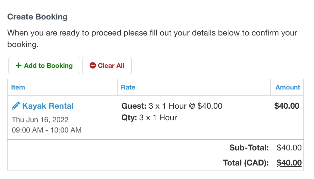 Booking confirmation page for kayak rental showing 3 guests at 1 hour with group rate of 40 dollars total.