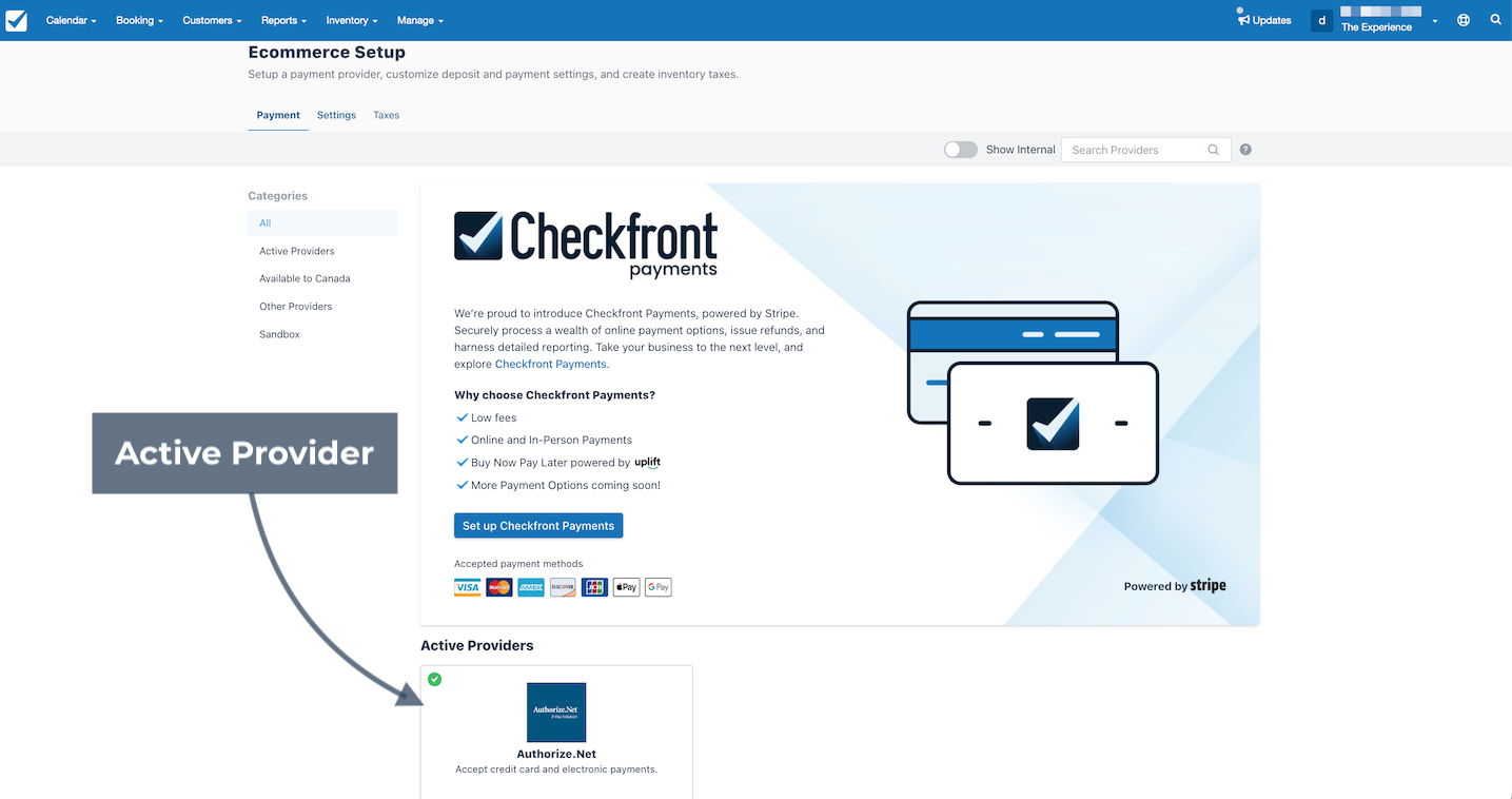 Ecommerce Setup page showing Checkfront Payments option with Active Providers section highlighted to indicate an existing active provider.
