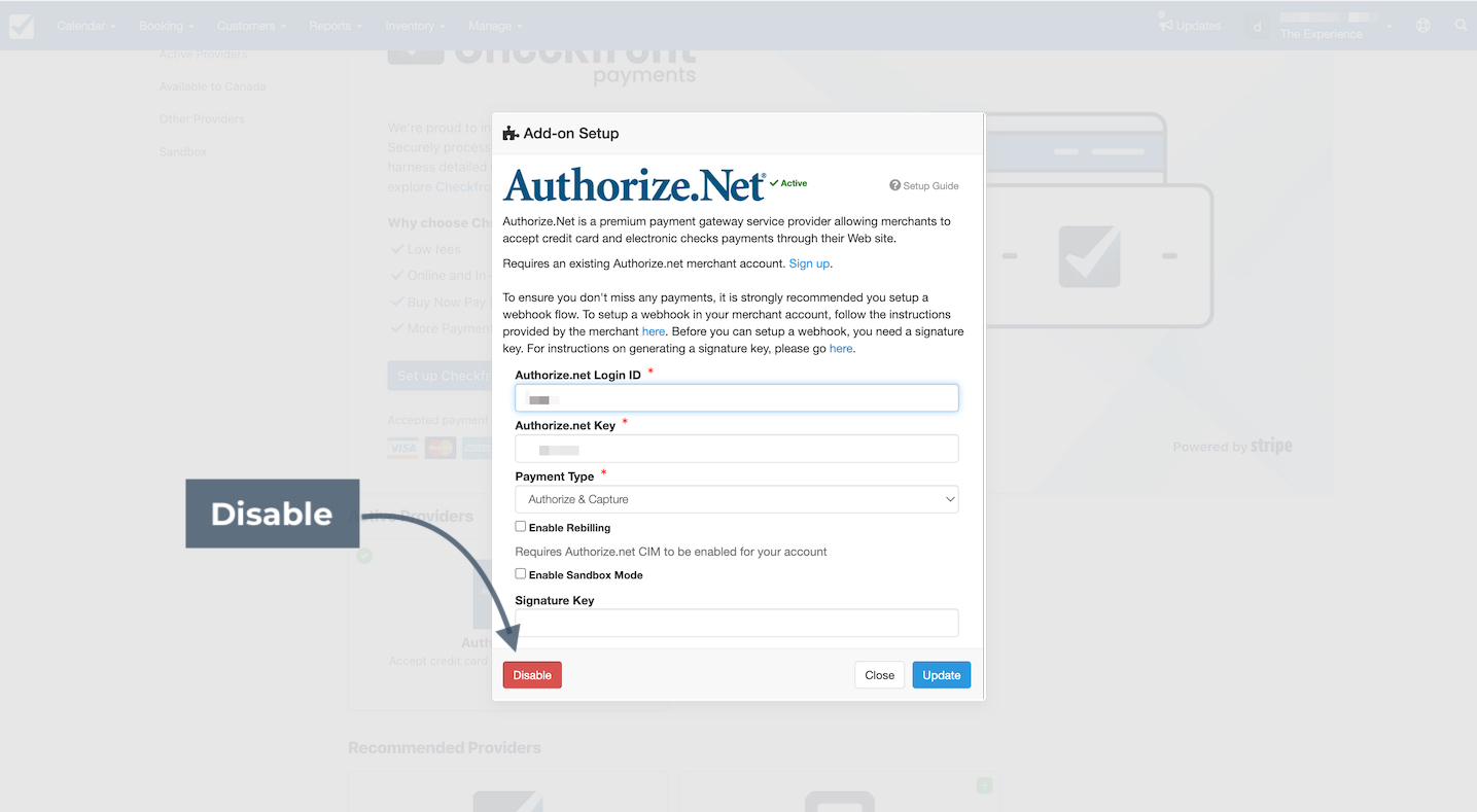 Authorize.Net setup window in Ecommerce Setup with a highlighted Disable button to remove the active payment provider.