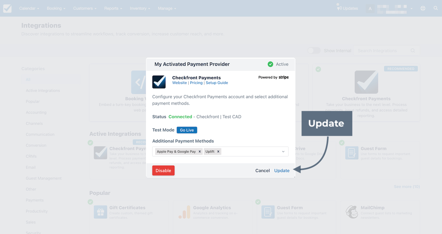 Integrations screen showing My Activated Payment Provider with Checkfront Payments and a highlighted Update button to save changes.