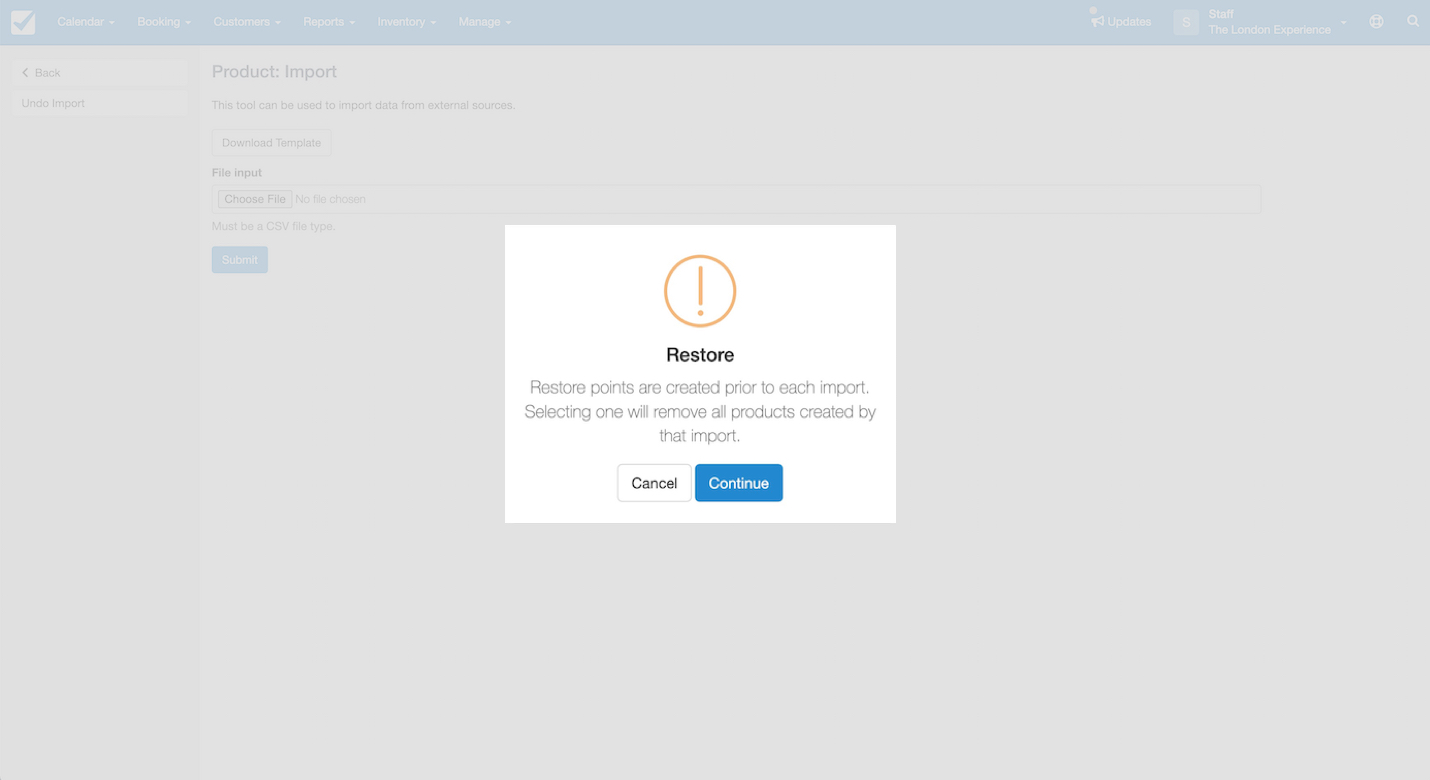 Restore confirmation dialog with continue button displayed.