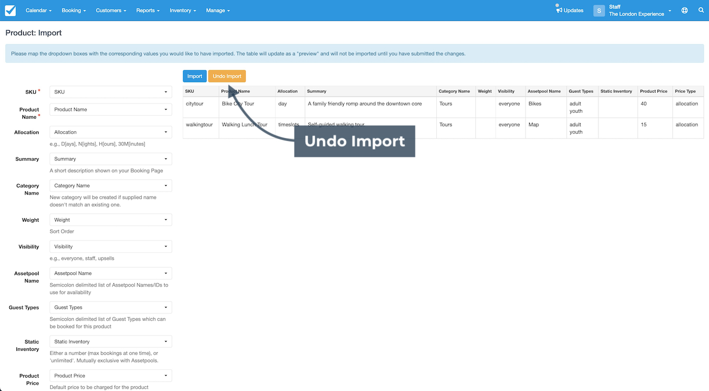 Undo import option highlighted in product import preview screen.