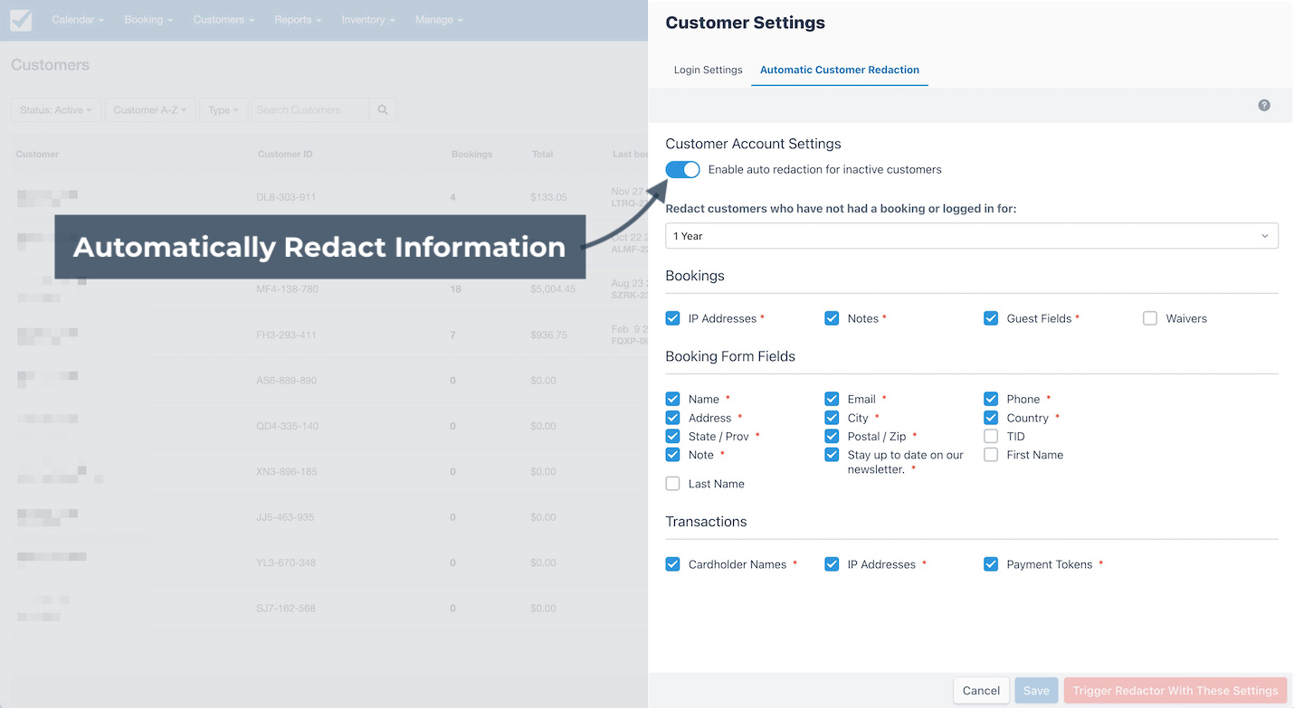 Customer settings panel with automatic redaction enabled for inactive customers and fields selected for removal after inactivity.