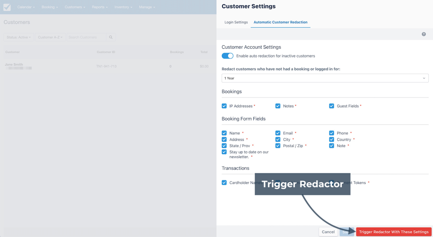 Customer settings showing auto redaction enabled with trigger button highlighted to start data removal process.