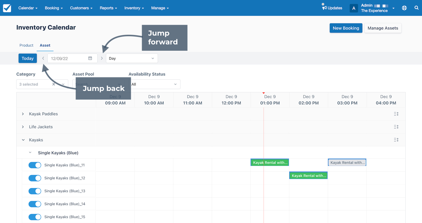 Asset calendar highlighting navigation arrows to jump back or forward between dates.