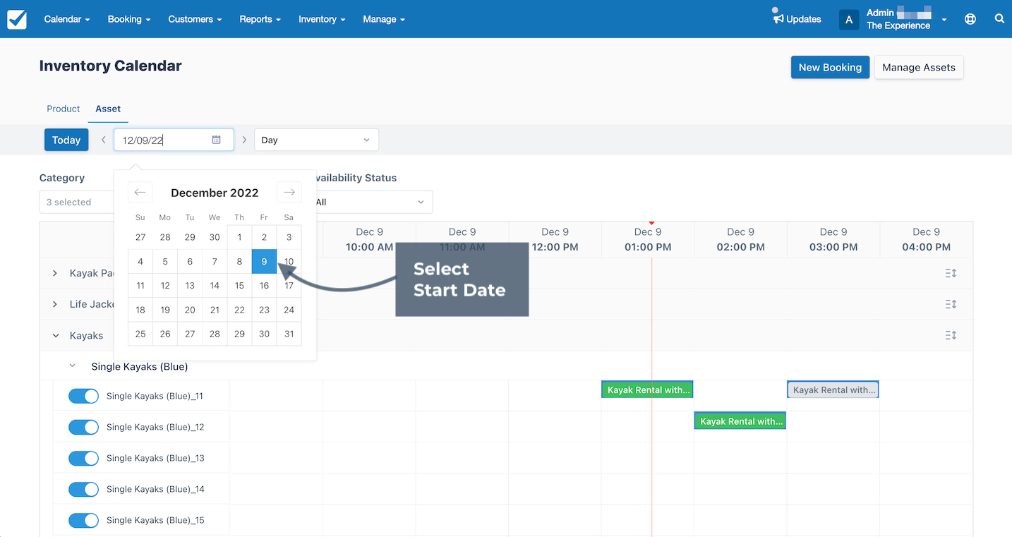 Asset calendar with date picker open to select a specific start date.