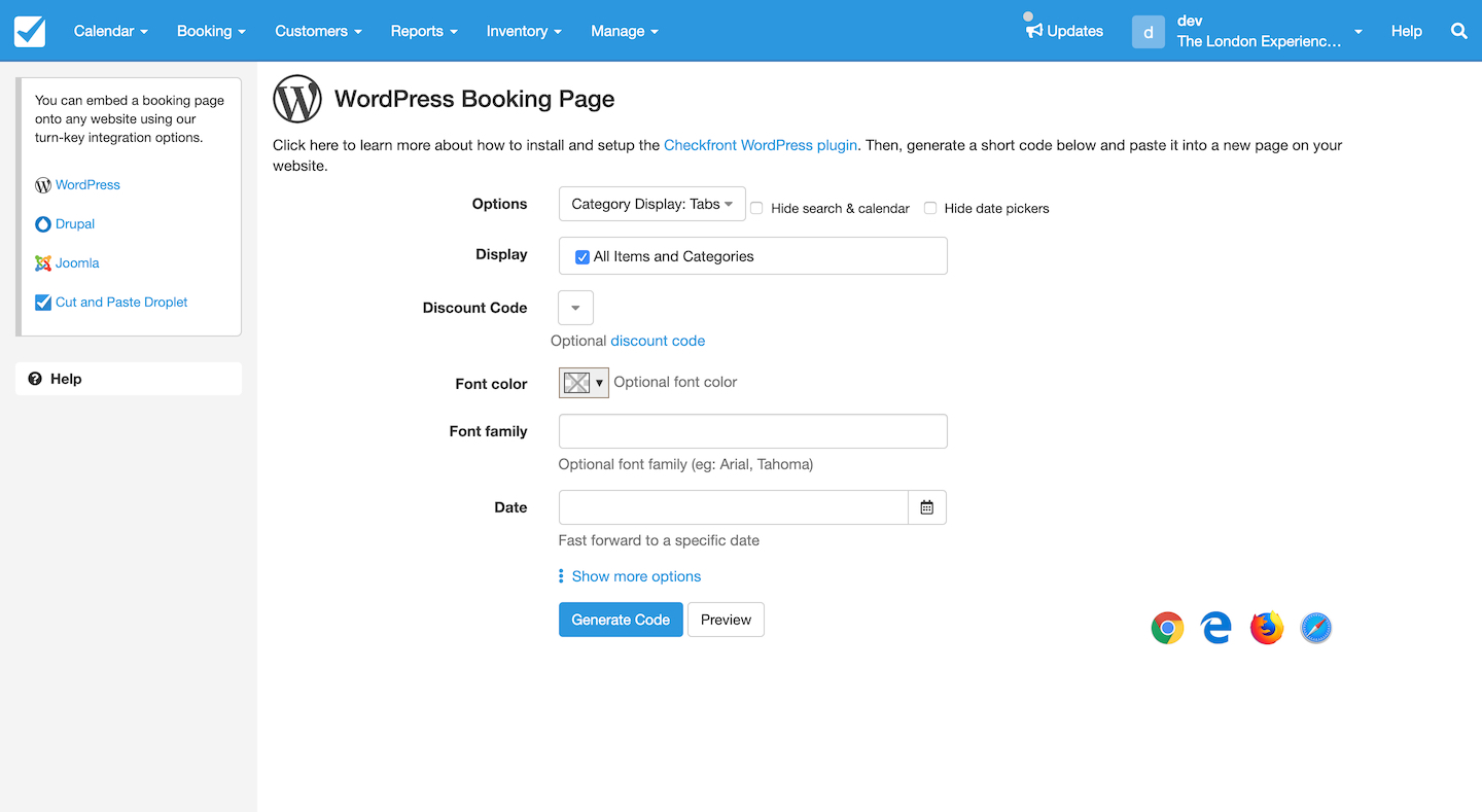 Checkfront WordPress Booking Page integration settings showing options to configure display, discount codes, font styles, and generate shortcode.