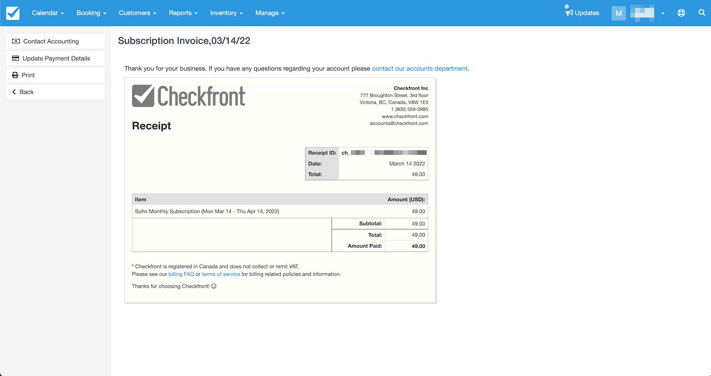 Subscription invoice page showing a receipt with payment details for a monthly subscription.