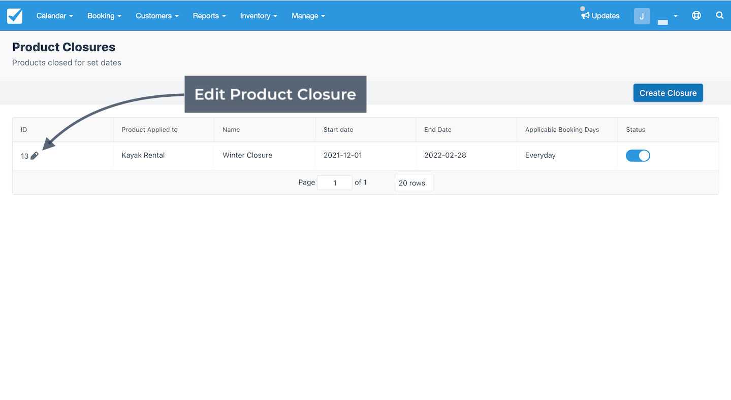 Product closures page with an arrow pointing to the pencil icon to edit a product closure.