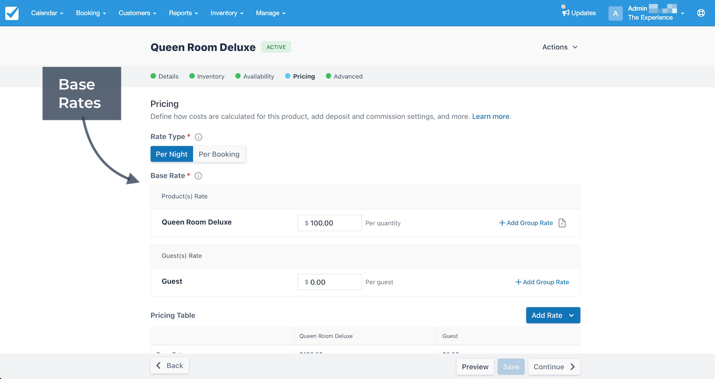 Pricing setup page displaying Queen Room Deluxe base rate of 100 dollars per night under product pricing.