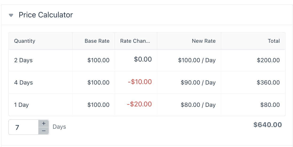 Price calculator showing 7 day stay with 20 percent discount applied resulting in 560 dollars total.