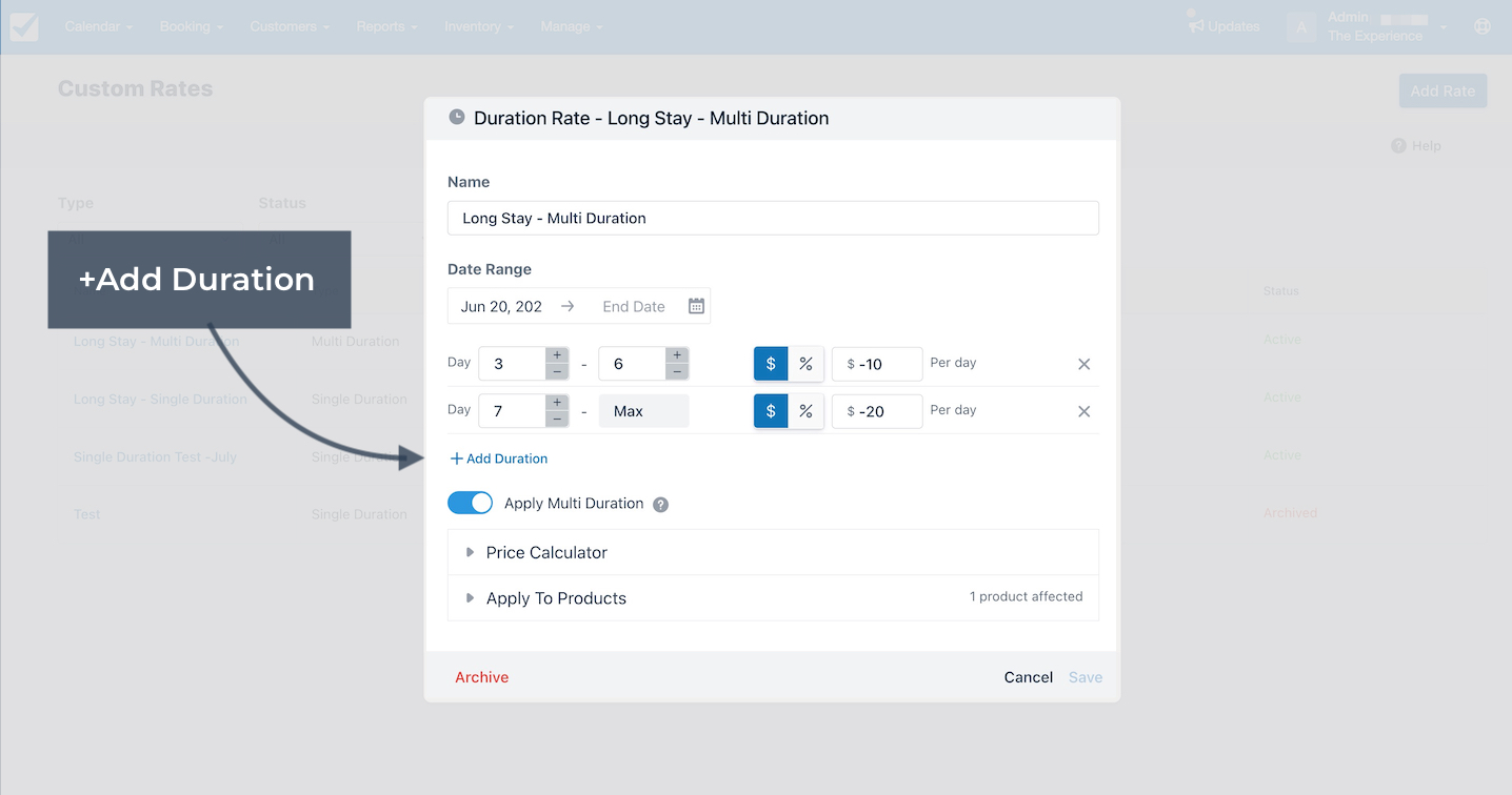 Duration rate settings with option highlighted to add duration for custom pricing.