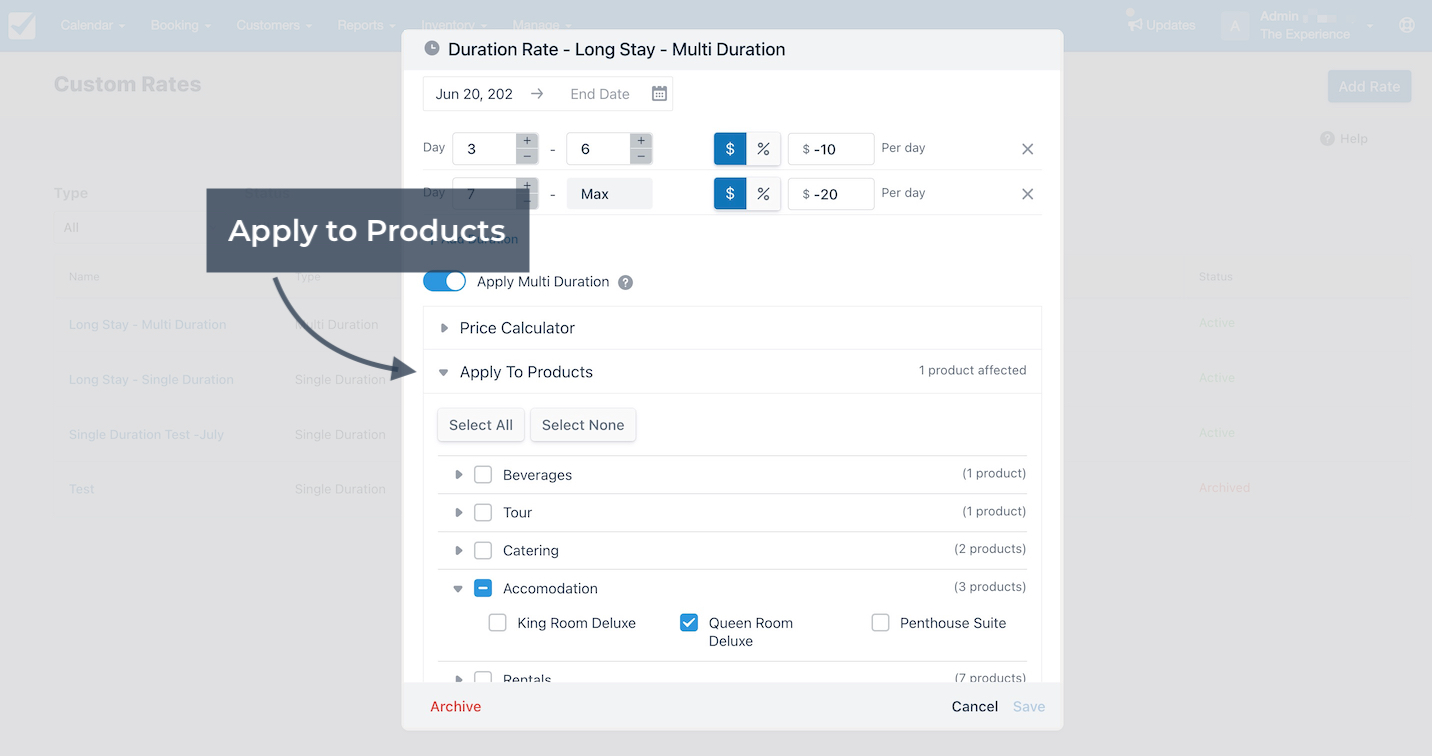 Duration rate settings with apply to products section open showing Queen Room Deluxe selected.