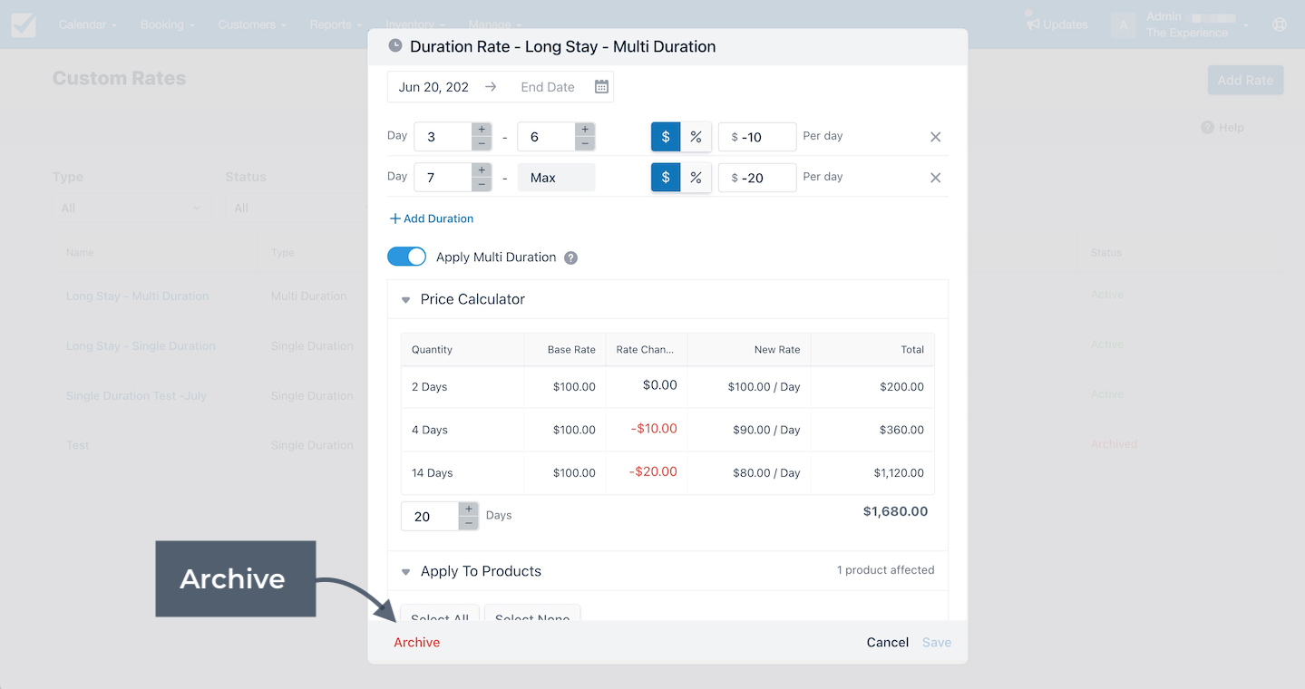 Custom rate settings screen showing multi duration rate adjustments with an archive option highlighted.
