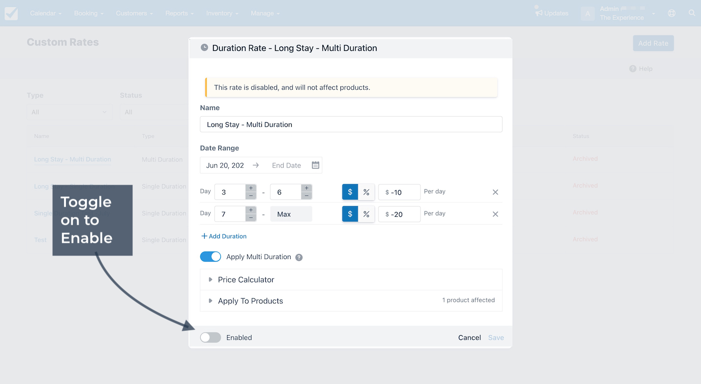 Custom rate settings screen with multi duration rate disabled and the toggle option to enable highlighted.